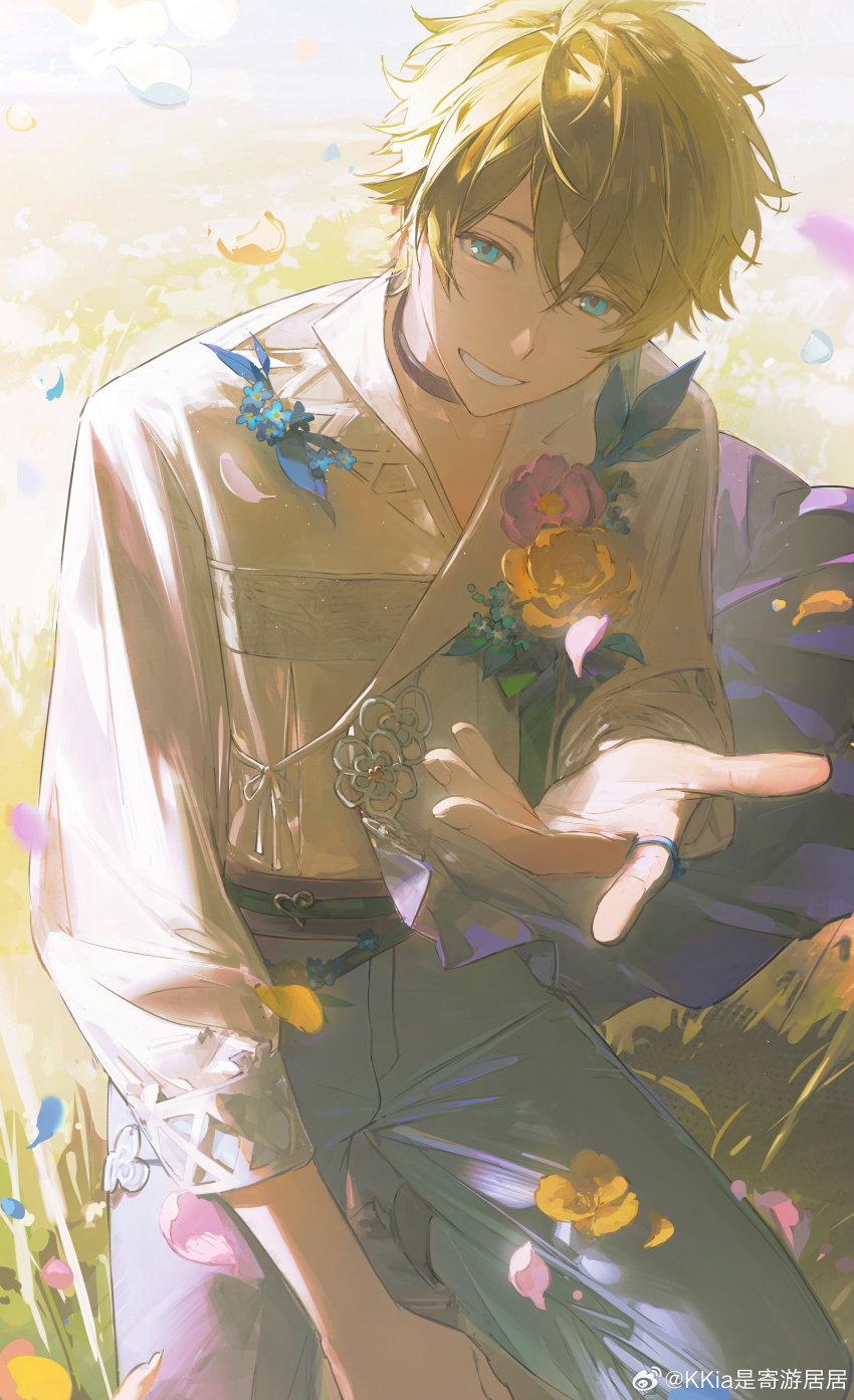 1boy absurdres aqua_eyes between_legs bishounen black_choker blue_pants blue_petals choker day denim dress_shirt ensemble_stars! falling_petals feathered_hair flower flower_pin grin hair_between_eyes hand_between_legs highres jacket jeans jewelry kkia lapel_pin lapels light_brown_hair looking_at_viewer male_focus outdoors outstretched_hand pants petals pink_petals ring sash shirt short_hair sleeves_past_elbows smile solo source_request squatting sunlight swept_bangs takamine_midori third-party_source weibo_watermark white_jacket white_petals yellow_flower yellow_petals