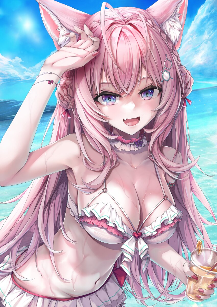 1girl absurdres animal_ear_fluff animal_ears bare_shoulders beach bikini bikini_skirt blue_eyes breasts cleavage cowboy_shot cup dincat hakui_koyori hakui_koyori_(summer) highres holding holding_cup hololive large_breasts long_hair looking_at_viewer navel ocean pink_hair skirt solo swimsuit virtual_youtuber wet white_bikini white_skirt wolf_ears wolf_girl