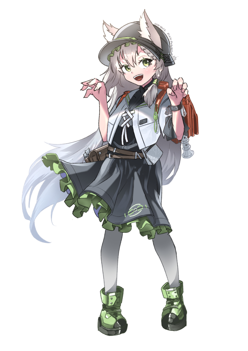 1girl absurdres animal_ear_fluff animal_ears arms_up backpack bag black_headwear commentary_request dress dushevnaya_(neural_cloud) full_body future_cake girls&#039;_frontline girls&#039;_frontline_neural_cloud green_eyes green_footwear grey_hair highres looking_at_viewer open_mouth pantyhose simple_background smile solo standing teeth upper_teeth_only white_background white_pantyhose