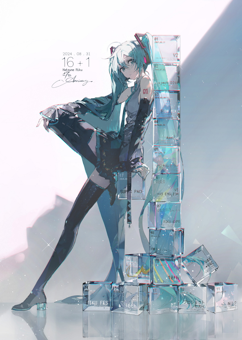 1girl anniversary aqua_eyes aqua_hair aqua_necktie bare_shoulders black_sleeves boots character_name commentary dated detached_sleeves from_side full_body grey_shirt hair_between_eyes hatsune_miku headphones headset high_heel_boots high_heels highres knee_up leaning_on_object long_hair long_sleeves looking_at_viewer necktie number_tattoo reflection rella shirt sitting skirt sleeveless solo sparkle tattoo thigh_boots thighhighs twintails very_long_hair vocaloid