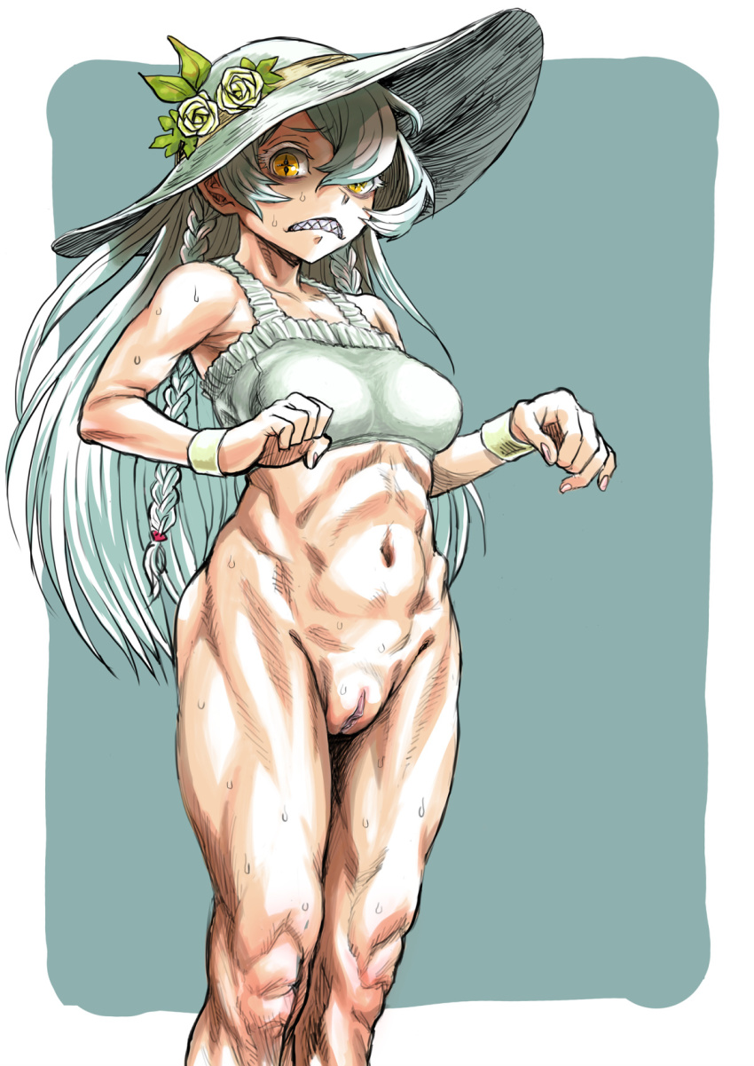 +_+ 1girl braid breasts cowboy_shot flower hair_between_eyes hat hat_flower highres knees long_hair looking_at_viewer mandator_(ziga) medium_breasts muscular muscular_female navel no_panties pussy radiohead_(radio_paranoia) sharp_teeth side_braids standing sun_hat sweat symbol-shaped_pupils teeth thighs twin_braids uncensored white_hair wristband yellow_eyes ziga