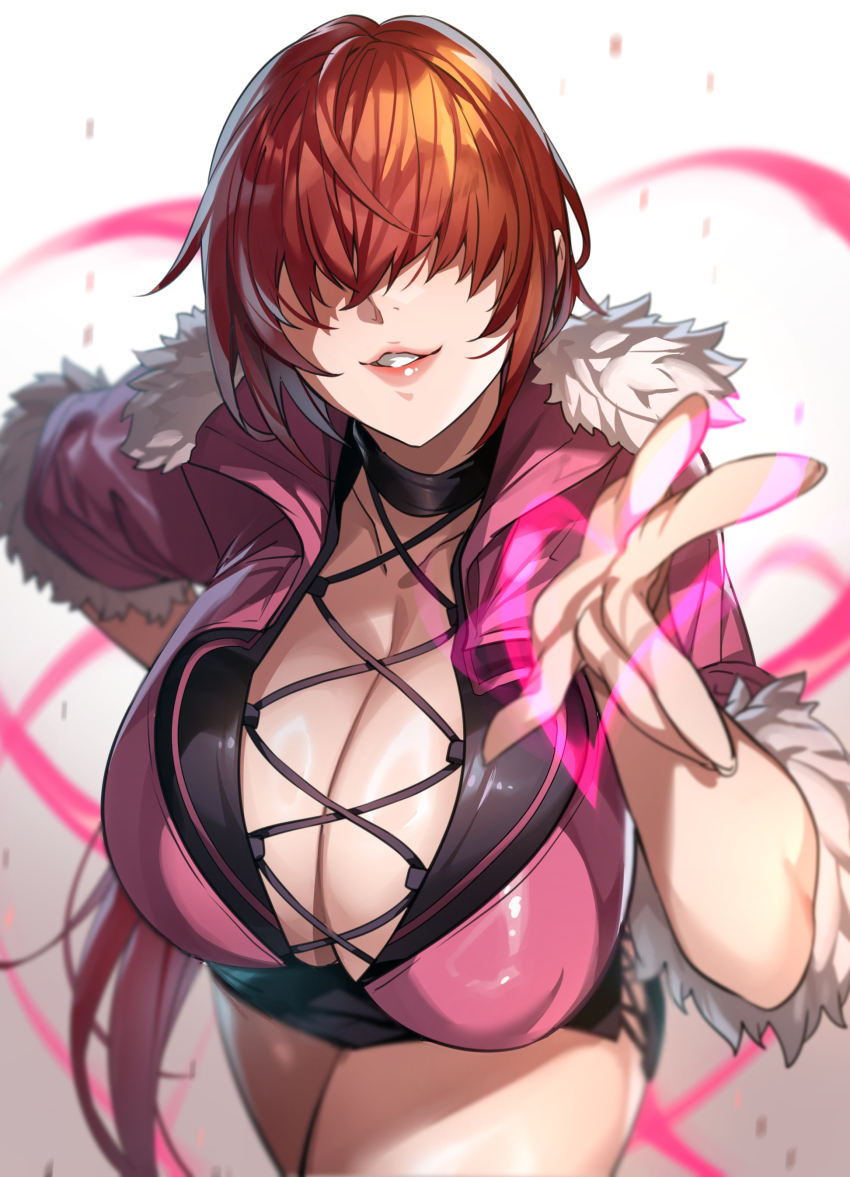 1girl absurdres bent_over black_choker black_dress breasts choker cleavage covered_eyes cropped_jacket cross-laced_clothes cross-laced_dress dress fur_trim hair_over_eyes highres huge_breasts jacket long_bangs long_hair low_ponytail no_bra pink_jacket ponytail red_hair senri_gan shermie_(kof) smile solo the_king_of_fighters the_king_of_fighters_xv