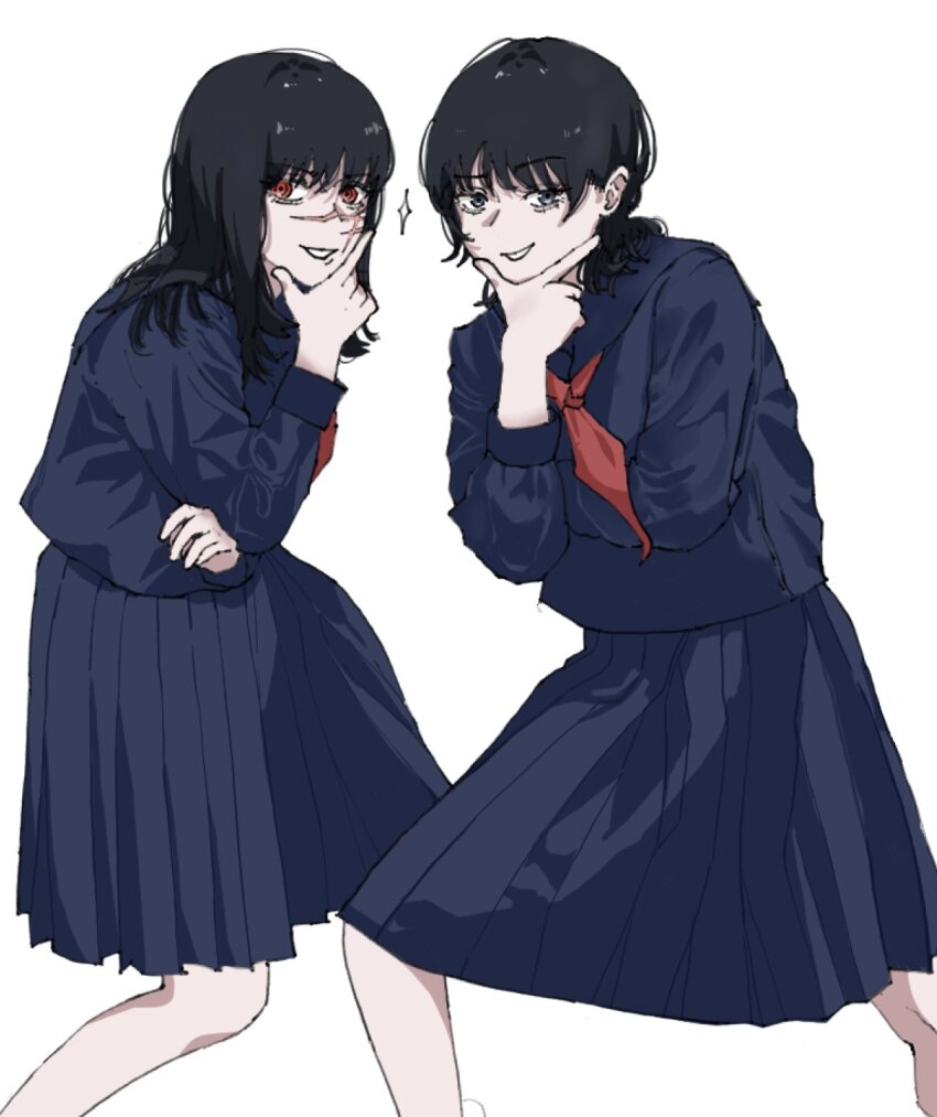 2girls black_hair chainsaw_man cross_scar facial_scar highres mitaka_asa multiple_girls ribbon ringed_eyes scar scar_on_cheek scar_on_face scar_on_nose school_uniform simple_background smile yoru_(chainsaw_man)