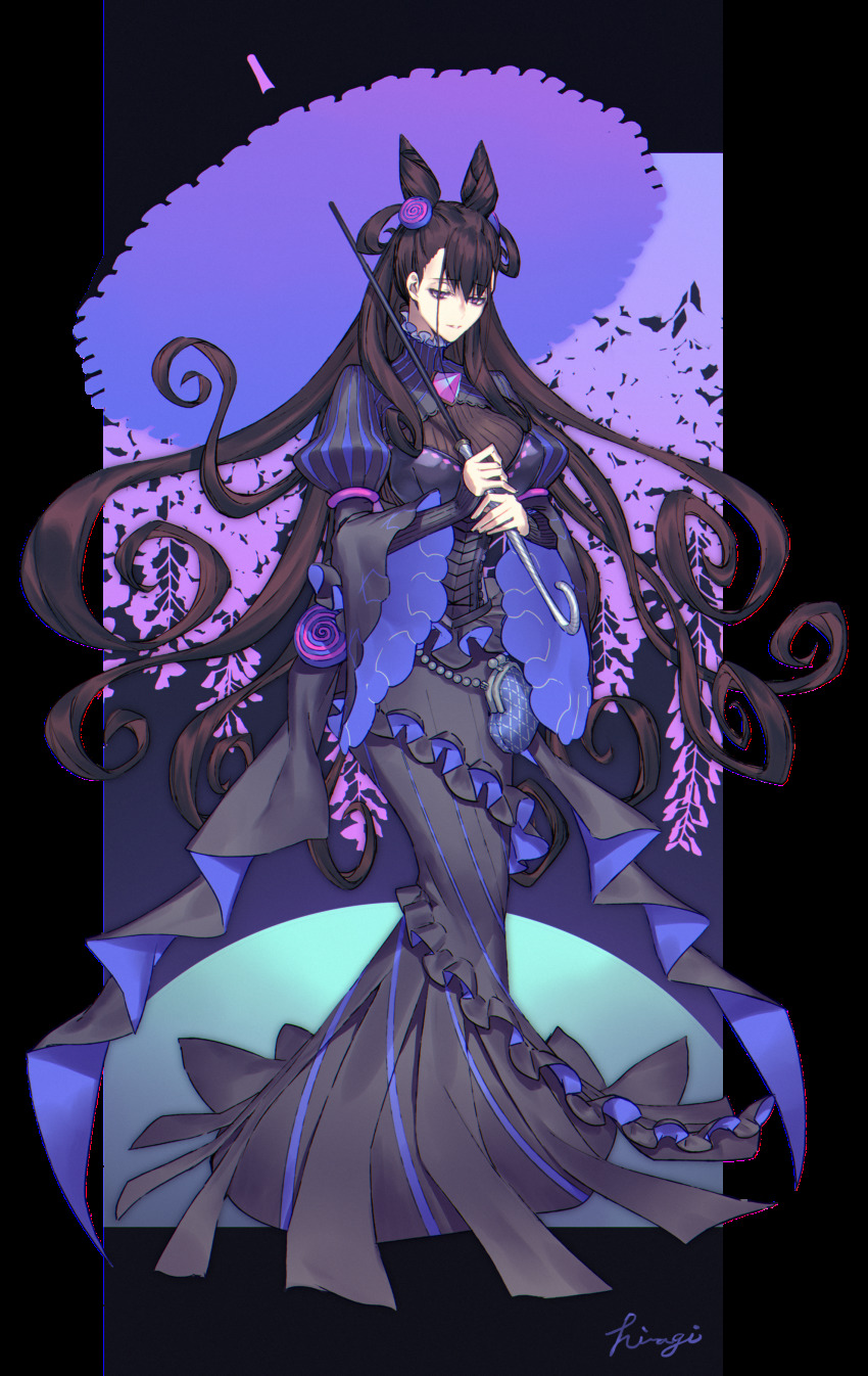 1girl absurdres breasts brown_hair cone_hair_bun dress fate/grand_order fate_(series) hair_bun highres hiiragi_(karashriker) hobble_dress huge_filesize juliet_sleeves large_breasts long_dress long_hair long_sleeves murasaki_shikibu_(fate) parasol puffy_sleeves see-through_clothes see-through_cutout solo umbrella very_long_hair