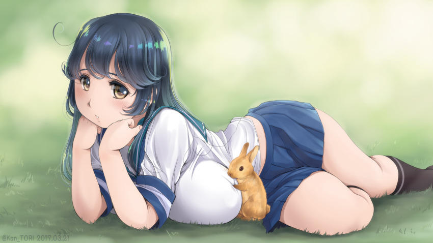 10s 1girl ahoge black_hair black_socks blush breasts brown_eyes female_focus grass head_rest huge_breasts kantai_collection kantori kneehighs long_hair looking_at_viewer lying midriff on_stomach parted_lips pleated_skirt rabbit school_uniform serafuku skirt socks solo ushio_(kancolle)