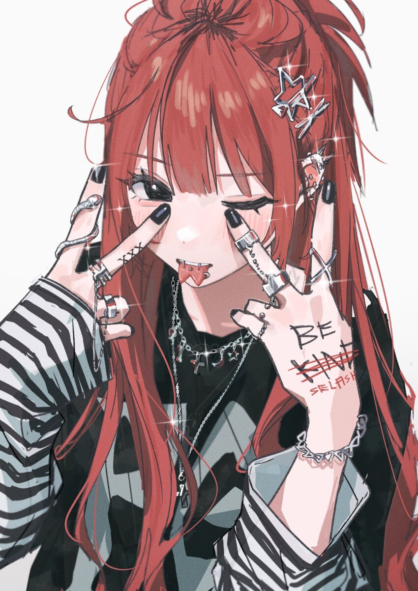 1girl black_eyes black_nails cross cross_necklace double_v ear_piercing forked_tongue hair_ornament hamafugu hands_up highres jewelry long_hair looking_at_viewer multiple_rings nail_polish necklace one_eye_closed original piercing red_hair ring solo tongue tongue_piercing v white_background