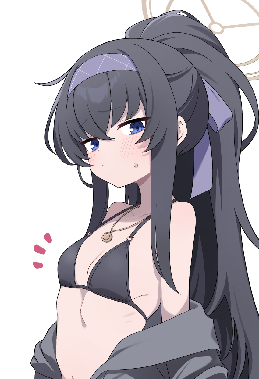 1girl absurdres bikini black_bikini black_hair blue_archive blue_eyes blue_hairband blue_ribbon blush breasts brown_halo cardigan closed_mouth collarbone grey_cardigan hair_ribbon hairband halo highres hiroikara_(smhong04) jewelry long_hair looking_at_viewer navel necklace official_alternate_costume ponytail ribbon ribs simple_background small_breasts solo swimsuit ui_(blue_archive) ui_(swimsuit)_(blue_archive) white_background