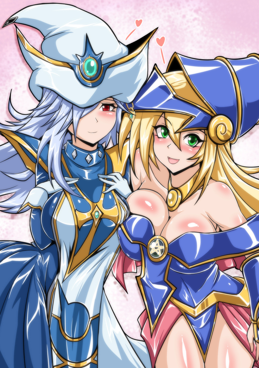 2girls absurdres bare_shoulders blonde_hair blue_dress blue_hat breasts dark_magician_girl dark_magician_girl_the_magician&#039;s_apprentice dress duel_monster gloves green_eyes grey_hair hair_between_eyes hair_over_one_eye hat heart highres looking_at_viewer multiple_girls open_mouth red_eyes sangyou_haikibutsu_a showgirl_skirt silent_magician silent_magician_zero smile white_gloves white_hat wizard_hat yu-gi-oh!