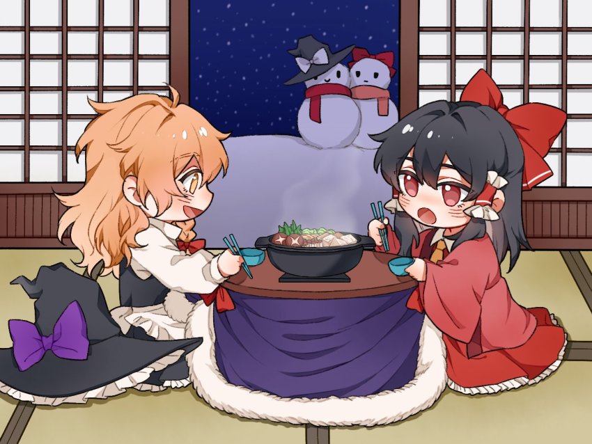 2girls apron ascot black_dress black_hair blanket blonde_hair blush bow bowl braid chopsticks collar dress eating eyelashes frilled_dress frills hair_bow hair_tubes hakurei_reimu happy hat hat_bow hitte5416 kirisame_marisa long_hair multiple_girls open_mouth purple_bow red_bow red_eyes red_shirt red_skirt scarf shirt side_braid sidelocks skirt skirt_set smile snow snowing snowman steam table touhou waist_apron white_bow white_collar witch_hat yellow_ascot yellow_eyes