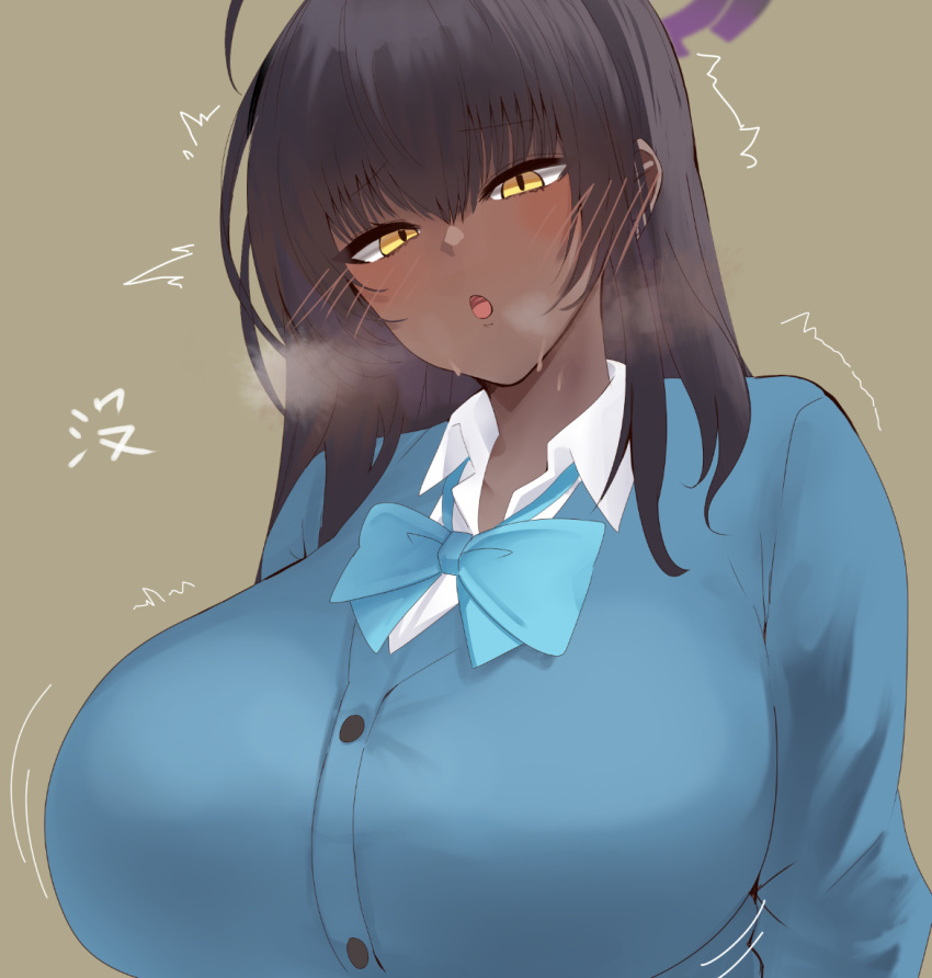 1girl :o ahoge black_hair blue_archive blue_bow blue_bowtie blue_cardigan bow bowtie breasts breath cardigan collared_shirt dark-skinned_female dark_skin furrowed_brow hair_between_eyes halo highres huge_breasts karin_(blue_archive) karin_(school_uniform)_(blue_archive) long_hair looking_at_viewer official_alternate_costume paundo2 purple_halo school_uniform shirt simple_background solo sweat upper_body white_shirt yellow_eyes