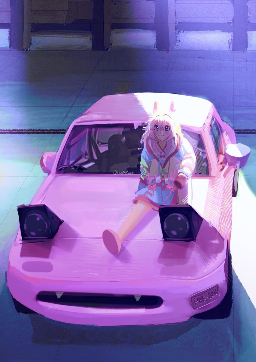 1girl animal_ears car eunos_roadster from_above highres jacket looking_ahead maxel mazda_mx-5 mazda_mx-5_na motor_vehicle multicolored_clothes multicolored_jacket on_car oversized_clothes phase_connect pink_car pink_eyes pink_footwear pink_hair pink_theme pipkin_pippa pop-up_headlights rabbit_ears slippers sports_car stuffed_animal stuffed_toy twitter_username virtual_youtuber