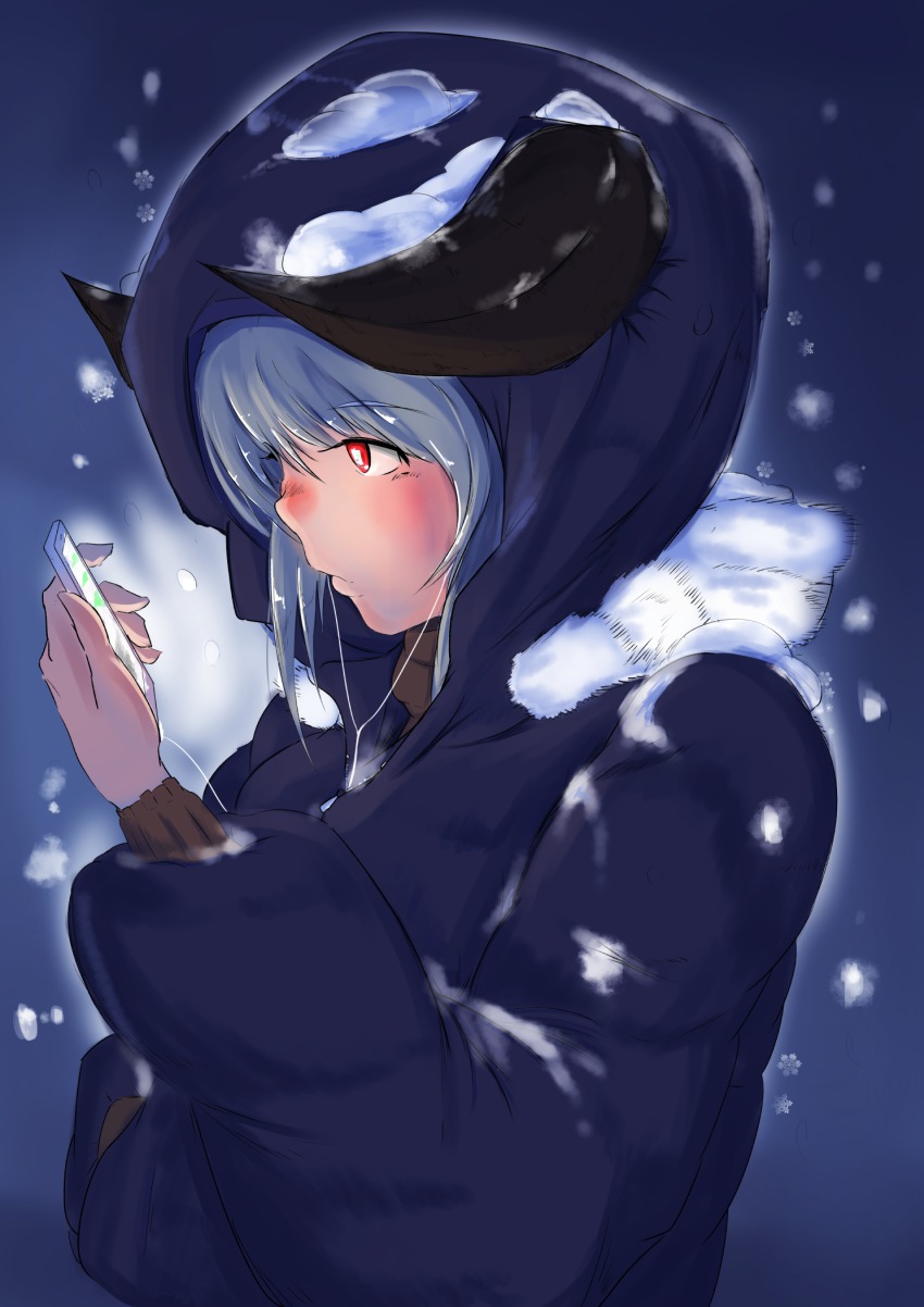 1girl arisakak_(valshun1225) blue_background blue_hair blush cellphone female_focus highres hood hooded_jacket horns jacket original phone red_eyes scarf simple_background snow snowflakes solo