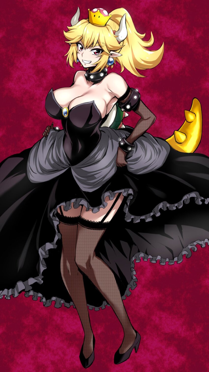 armlet black_dress blonde_hair bowsette bracelet breasts crown dress elbow_gloves fishnet_gloves fishnet_thighhighs fishnets garter_straps gloves high_heels highres horns jewelry large_breasts mario_(series) nakahira_guy new_super_mario_bros._u_deluxe nintendo open_mouth pointy_ears red_eyes spiked_shell spiked_tail super_crown tail teeth thighhighs turtle_shell yellow_tail