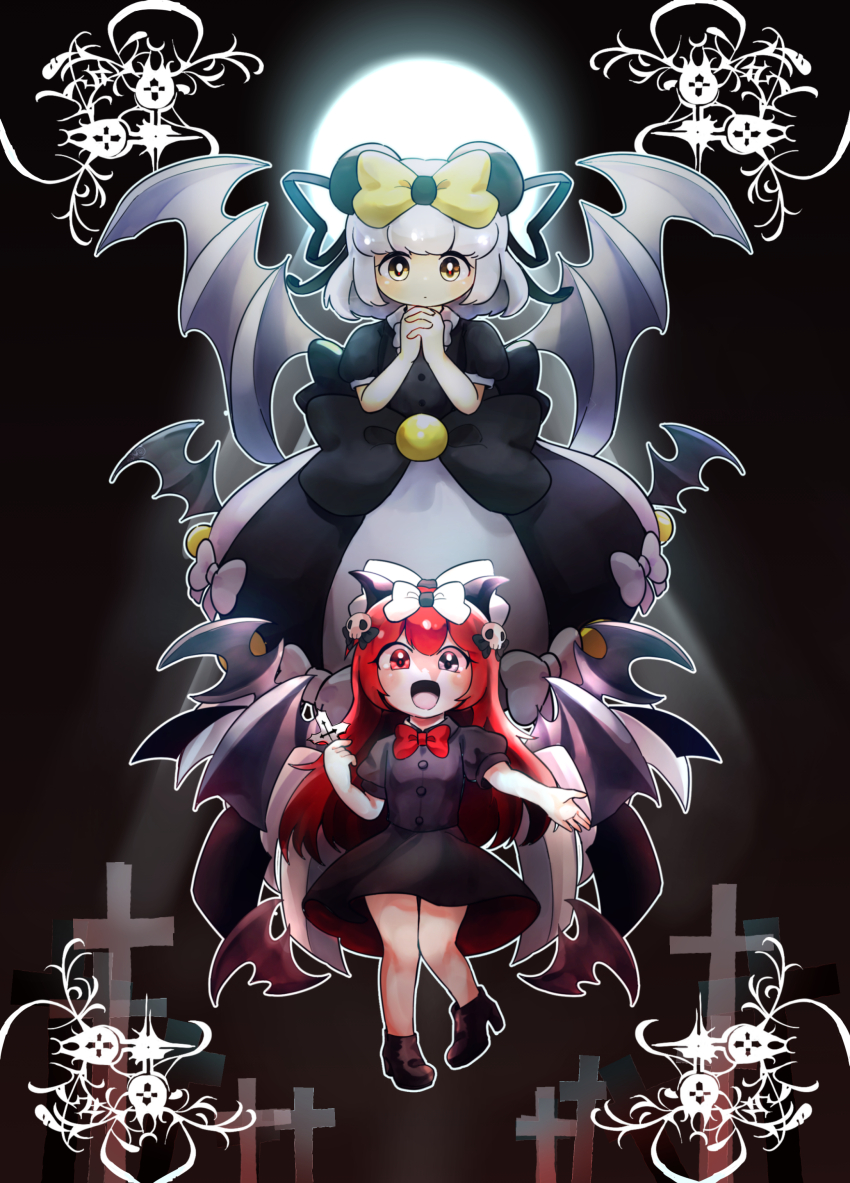 2girls absurdres black_dress cross demon_horns demon_wings dress hair_ornament heterochromia highres holding holding_cross horns mapa_(wqgrkt_krbko) multiple_girls nyanyamo_daowa open_mouth own_hands_clasped own_hands_together pale_skin red_hair ribbon skull_hair_ornament towelket_wo_mou_ichido warawau_nyamunyamu white_hair wings yorumorukimiri