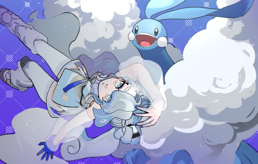 1girl altaria argyle_background arm_up bird blue_background blue_gloves blue_nails bright_pupils commentary creatures_(company) detached_sleeves fluff flying_miku_(project_voltage) from_above game_freak gen_3_pokemon gloves hand_on_own_head hatsune_miku highres jam1risa kneehighs korean_commentary long_hair long_sleeves looking_at_viewer looking_up loose_socks multicolored_hair nintendo open_mouth parted_lips pokemon pokemon_(creature) pom_pom_(clothes) project_voltage sandals see-through_clothes see-through_shorts see-through_sleeves shirt shorts sidelocks single_glove sleeveless sleeveless_shirt socks thick_eyebrows twintails two-tone_hair very_long_hair vocaloid white_pupils white_socks