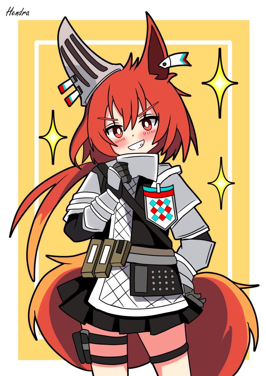 absurdres animal_ears arknights arm_armor artist_name black_skirt border cowboy_shot ear_armor flametail_(arknights) hair_between_eyes hendra highres long_hair miniskirt open_mouth pleated_skirt red_eyes red_hair skirt sparkling_aura squirrel_ears squirrel_girl squirrel_tail tail teeth thigh_strap thighs white_border yellow_background