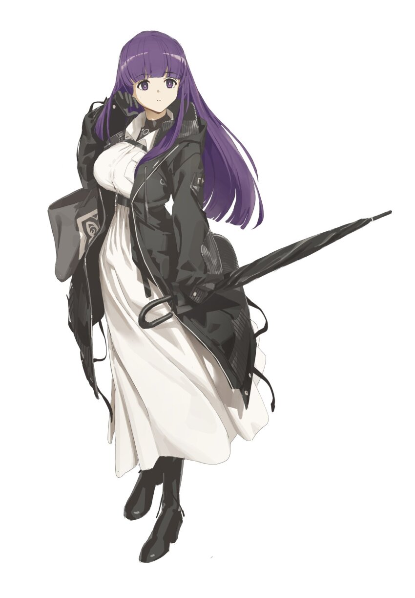 1girl alternate_costume bag black_boots black_coat black_gloves blunt_bangs boots breast_pocket breasts closed_mouth closed_umbrella coat collared_dress commentary dress fern_(sousou_no_frieren) full_body gloves highres holding holding_umbrella large_breasts long_hair long_sleeves open_clothes open_coat pocket purple_eyes purple_hair simple_background solo sousou_no_frieren standing umbrella white_background white_dress wonchun