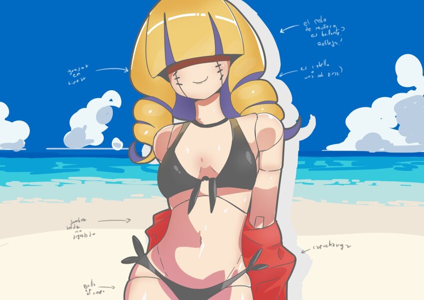 1girl blonde_hair chaperomon digimon digimon_(creature) female_focus looking_at_viewer smile solo swimsuit