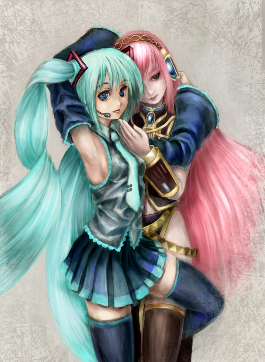 2girls aqua_hair arms_up bad_id bad_pixiv_id blue_eyes detached_sleeves hatsune_miku headphones headset highres long_hair megurine_luka multiple_girls necktie pink_hair red_eyes skirt sonobe thighhighs twintails very_long_hair vocaloid zettai_ryouiki