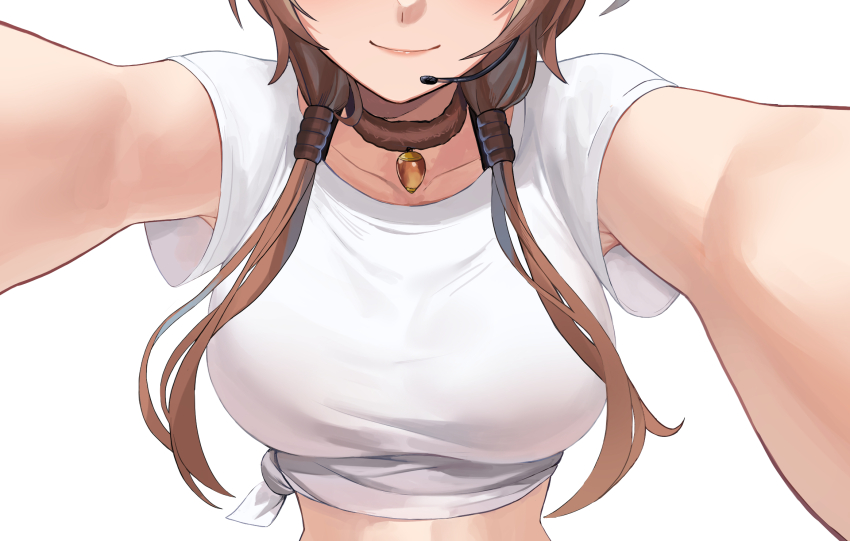 1girl acorn_pendant ayunda_risu breasts brown_choker brown_hair choker dobure18 fur_choker head_out_of_frame headset highres hololive hololive_indonesia long_hair low_twintails medium_breasts midriff multicolored_hair outstretched_arms shirt solo squirrel_girl streaked_hair tied_shirt twintails upper_body virtual_youtuber white_background white_shirt