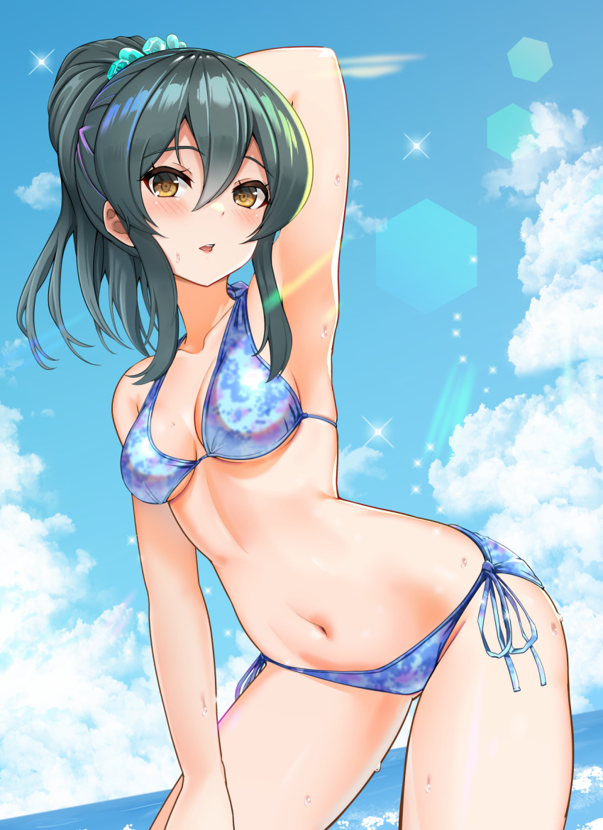 1girl arm_behind_head arm_up armpits beach bikini black_hair blue_bikini blush breasts breasts_apart cloud cloudy_sky collarbone day gem hair_between_eyes hair_up halterneck hand_on_own_leg high_ponytail highres idolmaster idolmaster_cinderella_girls leaning_forward light_rays looking_at_viewer medium_breasts medium_hair navel ocean ohishi_izumi open_mouth outdoors sasorichamaru scrunchie side-tie_bikini_bottom sidelocks sky solo sparkle standing sweat swimsuit wet yellow_eyes