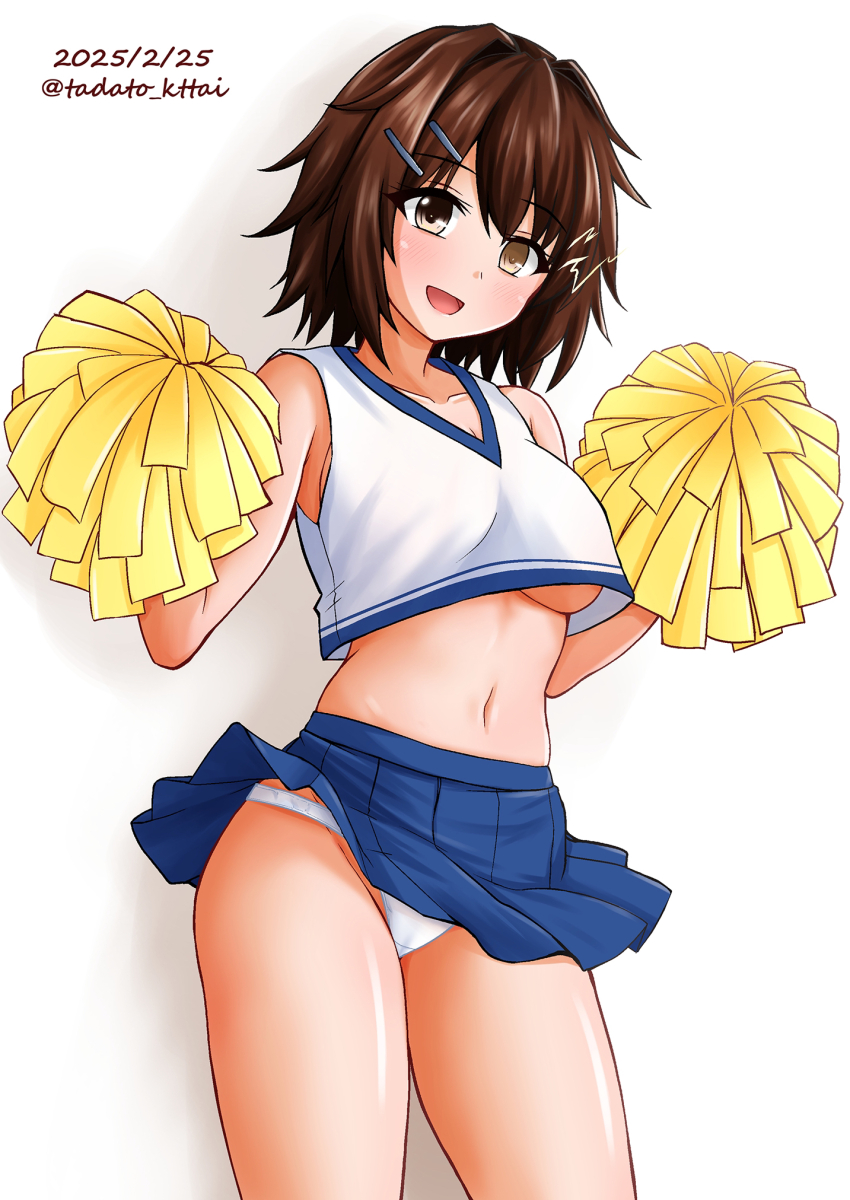 1girl blue_skirt blush breasts brown_eyes brown_hair cheerleader commentary_request crop_top dated furutaka_(kancolle) hair_ornament hairclip highres holding holding_pom_poms kamiya_tadato kantai_collection large_breasts midriff navel open_mouth panties partial_commentary pleated_skirt pom_pom_(cheerleading) pom_poms shirt short_hair skirt smile solo twitter_username underboob underwear white_background white_panties white_shirt