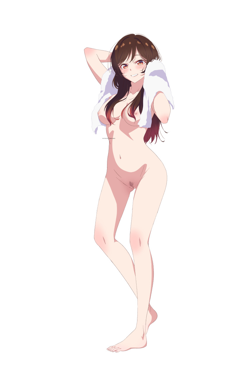 1girl absurdres artist_name barefoot blush breasts brown_hair completely_nude drying drying_hair full_body highres kanojo_okarishimasu kevcrexx long_hair looking_at_viewer medium_breasts mizuhara_chizuru nipples nude pubic_hair pussy simple_background smile solo standing towel uncensored uncensored_pussy white_background