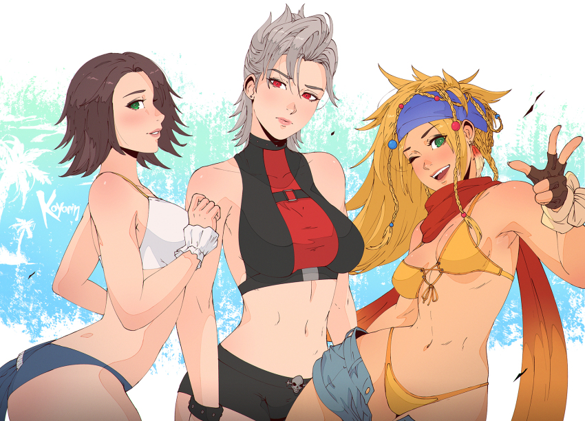 3girls @_@ artist_name blonde_hair blue_headband braid breasts brown_hair cleavage clothes_pull denim denim_shorts final_fantasy final_fantasy_x final_fantasy_x-2 fingerless_gloves gloves grey_hair head_tilt headband highres koyorin long_scarf multiple_braids multiple_girls open_mouth orange_scarf paine_(ff10) parted_lips red_eyes rikku_(ff10) scarf short_hair shorts shorts_pull smile sports_bikini teeth upper_teeth_only v yuna_(ff10)