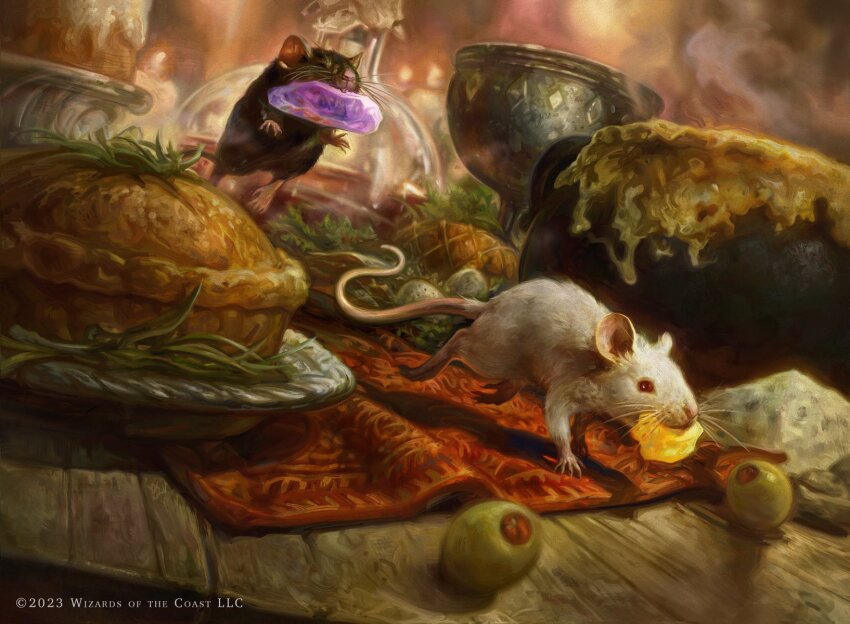 animal_focus cup english_text food gem highres indoors magic:_the_gathering mouse_(animal) no_humans official_art olive pie plate purple_gemstone quintin_gleim steam table wooden_table