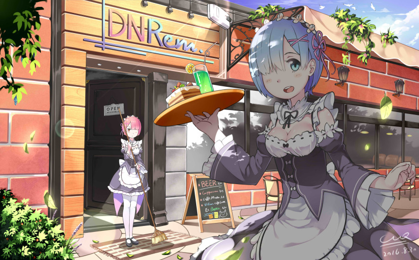 10s 2016 2girls absurdres blue_eyes blue_hair blunt_bangs blush breasts cafe_maid_(love_live!) cake ccq chair contemporary dated day detached_sleeves drink food hair_ornament hair_over_one_eye highres looking_at_viewer maid maid_cafe maid_headdress multiple_girls pantyhose pink_eyes pink_hair ram_(re:zero) re:zero_kara_hajimeru_isekai_seikatsu rem_(re:zero) ribbon short_hair siblings signature sisters small_breasts storefront twins white_legwear x_hair_ornament