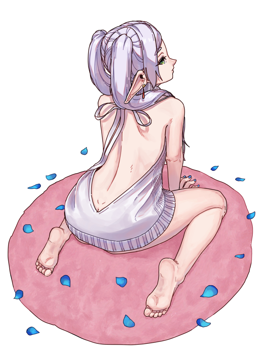 1girl absurdres all_fours ass bare_back bare_shoulders barefoot blue_petals dimples_of_venus elf feet fingernails frieren from_above from_behind highres long_hair meme_attire petals pointy_ears raid_(donghyeok) simple_background soles solo sousou_no_frieren toes twintails virgin_destroyer_sweater virgin_killer_sweater white_background white_hair