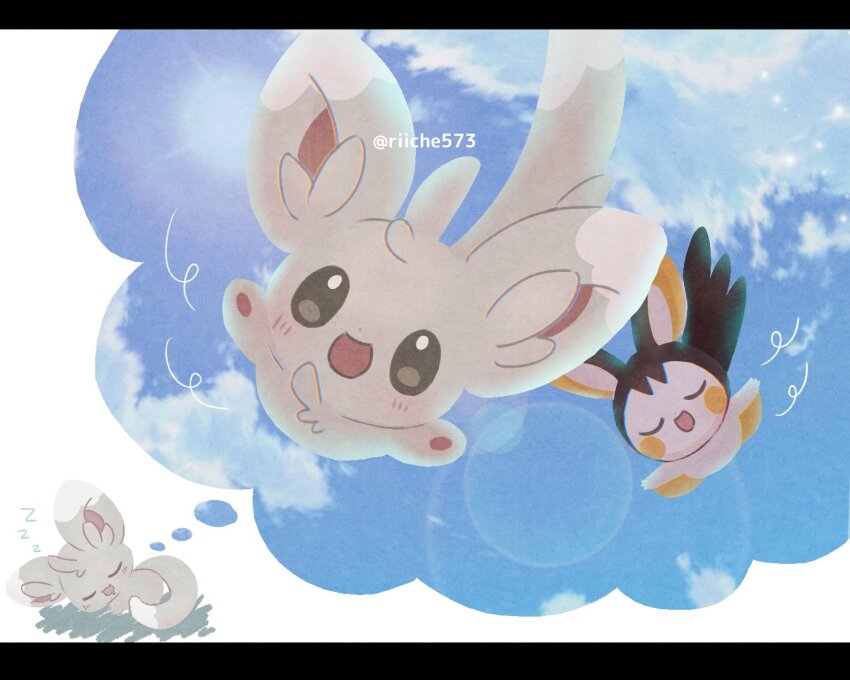 blush chira_(riiche573) closed_eyes commentary_request creatures_(company) drooling emolga game_freak gen_5_pokemon highres lying minccino mouth_drool nintendo no_humans open_mouth pokemon pokemon_(creature) sleeping smile thought_bubble twitter_username watermark zzz