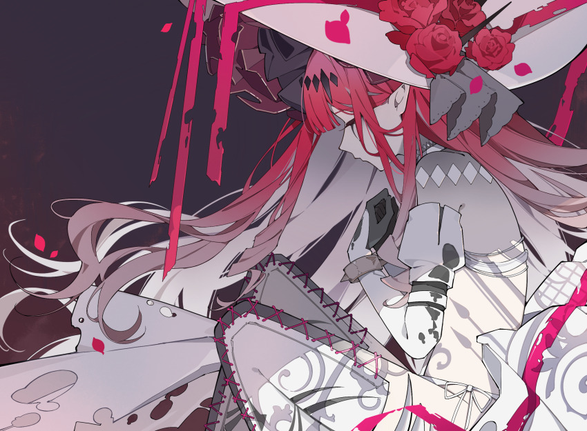 1girl baobhan_sith_(fate) baobhan_sith_(third_ascension)_(fate) bare_shoulders boots bracelet closed_eyes detached_sleeves dress falling_petals fate/grand_order fate_(series) flower frilled_hat frills from_side hana_soretsu hand_up hat hat_flower highres jewelry knees_up long_hair petals pink_hair pointy_ears red_flower revealing_clothes sidelocks sitting solo spiked_bracelet spikes thigh_boots white_dress white_hat