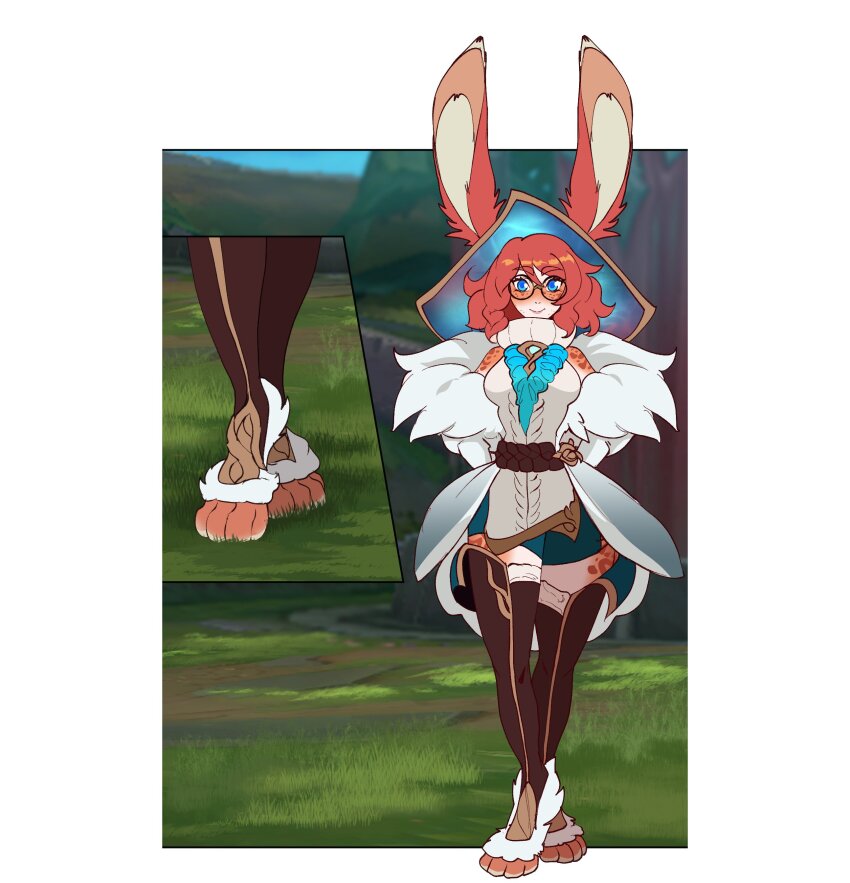 1girl absurdres animal_ears aurora_(league_of_legends) blush breasts brown_thighhighs freckles fur_trim glasses green_hat hair_between_eyes hat highres large_breasts league_of_legends medium_hair odeko_yma rabbit_ears rabbit_girl red_hair round_eyewear smile thighhighs