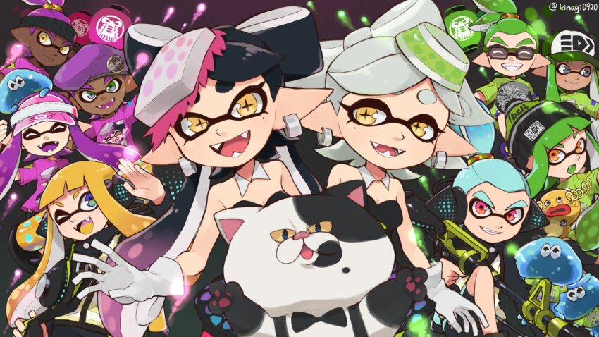 4boys 6+girls agent_3_(splatoon) bare_shoulders behind-the-head_headphones black_dress black_hair black_jacket blue_eyes blue_hair bow-shaped_hair callie_(splatoon) cat character_print collar cross-shaped_pupils dark-skinned_male dark_skin detached_collar dress earrings fangs gloves gradient_hair green_hair green_shirt grey_hair grin hair_ornament hair_scrunchie headphones hero_charger_(splatoon) hero_roller_(splatoon) high-visibility_clothing high-visibility_vest highres holding holding_weapon inkling inkling_boy inkling_girl inkling_player_character jacket jellyfish_(splatoon) jewelry judd_(splatoon) kinagi_(3307377) long_hair long_sleeves looking_at_viewer marie_(splatoon) medium_hair mole mole_under_eye multicolored_hair multicolored_scrunchie multiple_boys multiple_girls nintendo one_eye_closed open_mouth orange_hair pink_eyes pink_hair pink_shirt pointy_ears print_shirt purple_hair scrunchie shirt smile splatoon_(series) splatoon_1 strapless strapless_dress swept_bangs symbol-shaped_pupils t-shirt tentacle_hair thick_eyebrows topknot twintails twitter_username two-tone_hair weapon white_collar white_gloves yellow_eyes zapfish