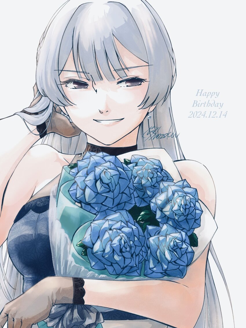 1girl alternate_hairstyle bare_arms bare_shoulders blue_dress blue_nails blunt_bangs bouquet breasts brown_gloves collarbone commentary_request dated dress earrings floral_print flower gloves grey_background grey_hair grin half_up_braid halter_dress halterneck hand_in_own_hair happy_birthday highres holding holding_bouquet jewelry large_breasts long_hair looking_at_viewer parted_lips print_dress purple_eyes see-through_clothes see-through_gloves shoujo_kageki_revue_starlight shoujo_kageki_revue_starlight_-re_live- shozoku simple_background sleeveless sleeveless_dress smile solo twitter_username upper_body yukishiro_akira