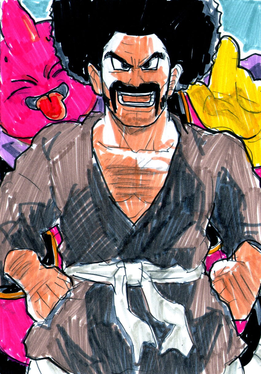 2girls afro alien antennae belt black_eyes black_vest brown_hair brown_shirt cape chest_hair closed_eyes collarbone colored_skin dougi dragon_ball dragonball_z facial_hair gloves handlebar_mustache hands_on_own_hips hepburn_(pixiv_1033192) index_finger_raised looking_at_viewer majin_buu marker_(medium) martial_arts_belt mr._satan multiple_girls muscular mustache open_mouth pants pink_skin purple_cape shirt short_sleeves smile standing teeth tongue tongue_out traditional_media vest white_belt white_pants yellow_gloves