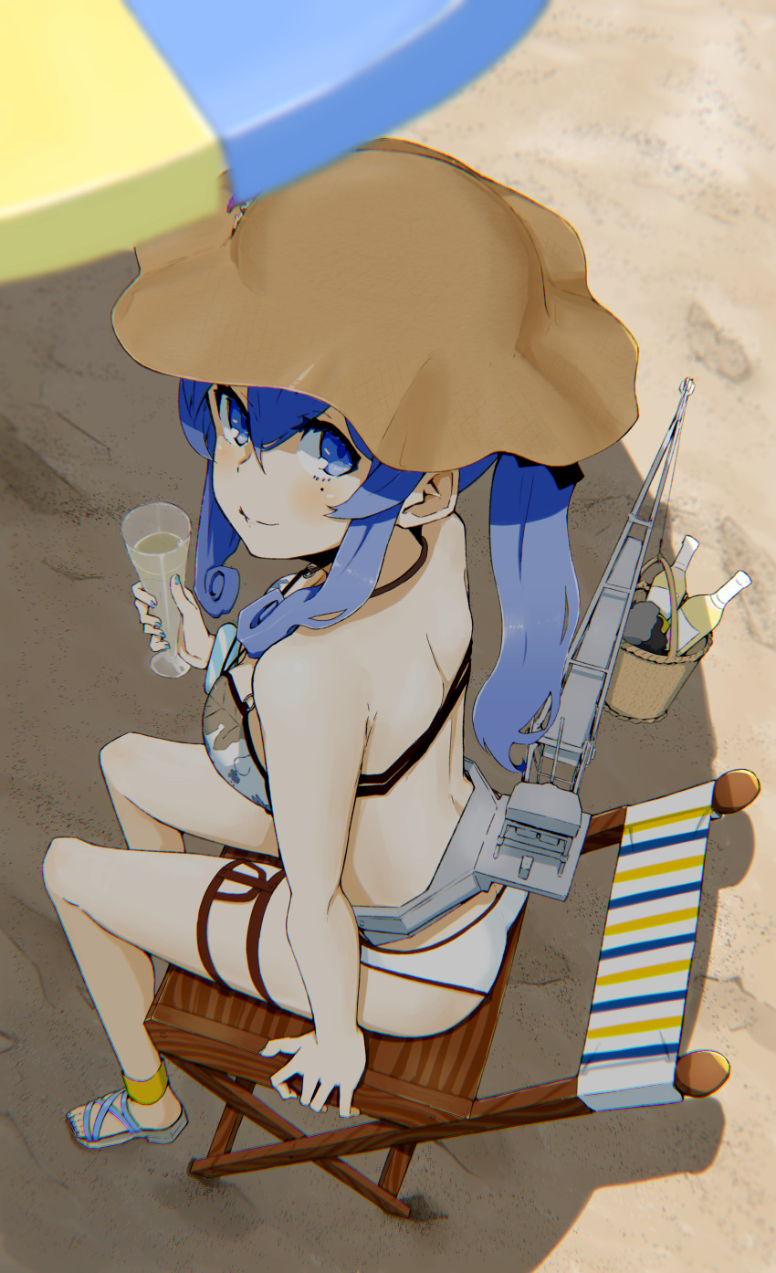 1girl absurdres beach_umbrella bigkwl bikini blue_eyes blue_hair bottle brown_hat bucket chair drink folding_chair from_above full_body gotland_(kancolle) gotland_andra_(2020_swimsuit)_(kancolle) gotland_andra_(2020_swimsuit_mode)_(kancolle) gotland_andra_(kancolle) hat highres kantai_collection long_hair machinery mismatched_bikini mole mole_under_eye ponytail sand sandals sitting smile solo sun_hat swimsuit umbrella