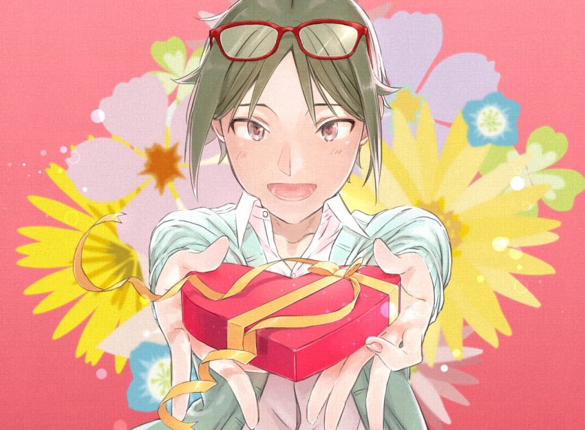 10s 1boy cardigan eyewear_on_head flower glasses green_hair grey_eyes hideichi idolmaster idolmaster_side-m looking_at_viewer male_focus open_mouth pink_background red-framed_eyewear simple_background smile solo valentine yamamura_ken