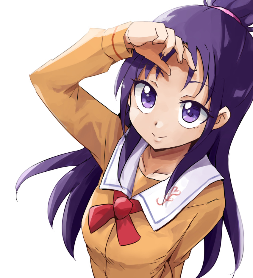 1girl closed_eyes futari_wa_precure_splash_star hand_over_eyes highres long_hair looking_up mishou_mai ponytail precure purple_eyes purple_hair ribbon school_uniform simple_background smile uraki white_background