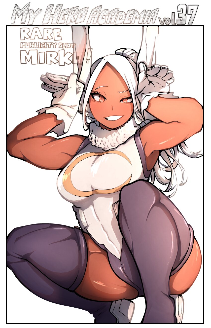 1girl absurdres animal_ears bare_shoulders boku_no_hero_academia breasts character_name colorized commentary crescent_print dark-skinned_female dark_skin english_commentary english_text fur_collar gloves grin highleg highleg_leotard highres horikoshi_kouhei large_breasts leotard long_eyelashes long_hair looking_at_viewer mirko parted_bangs ponytail purple_thighhighs rabbit_ears rabbit_girl rabbit_pose raised_eyebrow red_eyes second-party_source sleeveless_turtleneck_leotard smile solo squatting taut_leotard thick_thighs thighhighs thighs toned_female uneven_eyes ureazure white_background white_gloves white_hair white_leotard