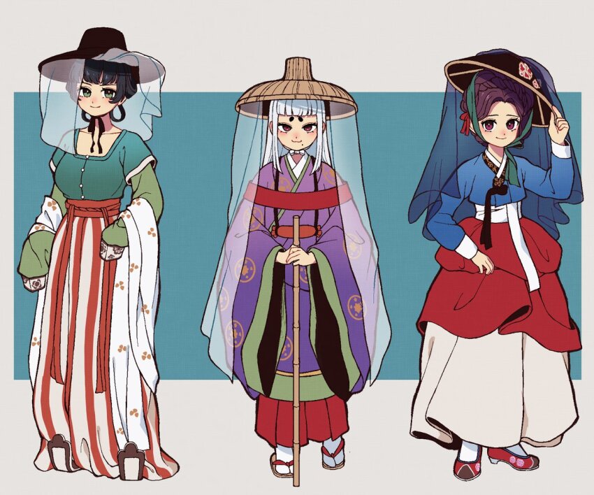 :3 bamboo banbi black_hair blue_shirt blunt_bangs brown_hair chima_(clothes) chinese_clothes duijin_ruqun full_body green_eyes green_shirt hair_rings hakama hanbok hanfu ichimegasa japan_(kuroussa) japanese_clothes jeogori_(clothes) kimono korean_clothes kuroussa long_hair long_sleeves looking_at_viewer mole mole_under_mouth original petticoat purple_eyes purple_hair purple_kimono red_eyes red_hakama red_skirt sandals shawl shirt short_eyebrows skirt smile striped_clothes striped_skirt tabi veil vertical-striped_clothes vertical-striped_skirt weimao white_hair white_shawl white_skirt yuntouxie