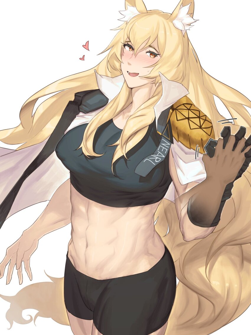 1girl 1other abs acuonoa animal_ear_fluff animal_ears arknights breasts heart highres holding_hands horse_girl horse_tail muscular muscular_female nearl_(arknights) sports_bra tail