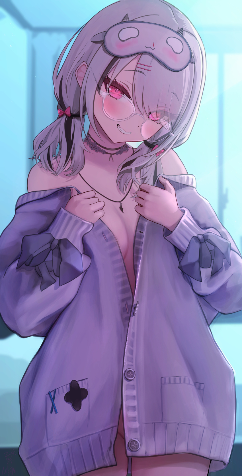 1girl absurdres asumi_sena asumi_sena_(5th_costume) bare_shoulders black_hair blush bow breasts cardigan cowboy_shot glasses grey_bow grey_cardigan grey_hair hair_bow head_tilt highres indoors long_sleeves looking_at_viewer low_twintails multicolored_hair naikon naked_cardigan no_bra no_panties off_shoulder open_cardigan open_clothes pink_bow pink_eyes sleep_mask small_breasts smile solo streaked_hair twintails undressing virtual_youtuber vspo!