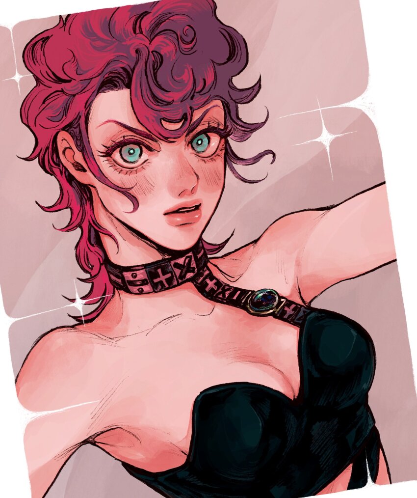 1girl armpits bandeau bare_shoulders black_bandeau blue_eyes bright_pupils choker crop_top cross highres jojo_no_kimyou_na_bouken okokoroxjj parted_lips pink_hair pink_lips short_hair strapless trish_una tube_top vento_aureo x