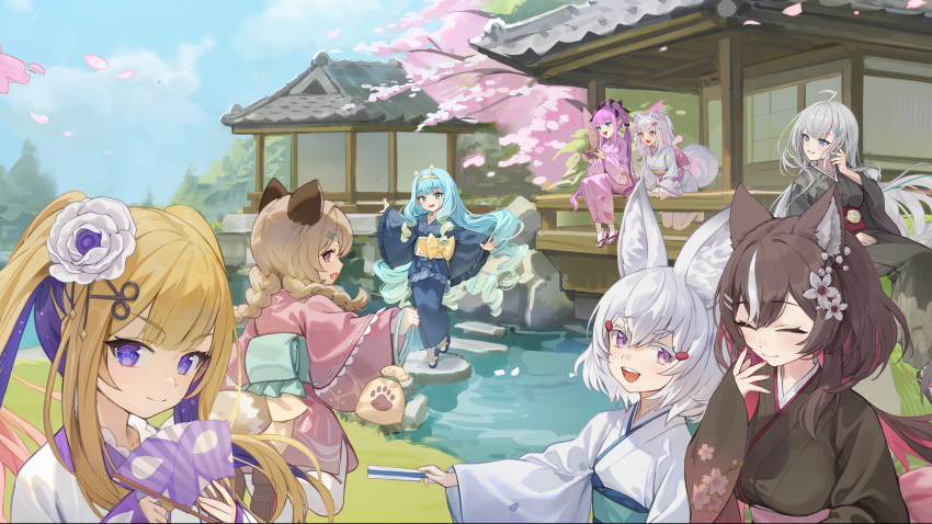 6+girls absurdres against_railing ahoge alternate_costume alternate_hairstyle amanogawa_shiina animal_ear_fluff animal_ears aqua_eyes architecture artist_request blonde_hair blue_eyes blue_kimono blue_sky blunt_bangs braid brown_hair cherry_blossoms chisaka_airi circlet day east_asian_architecture ember_amane floral_print floral_print_kimono flower fox_girl frilled_kimono frills full_body gram_pico grass grey_hair grey_kimono hair_between_eyes hair_flower hair_ornament hairclip hand_fan heart heart_print highres holding holding_fan japanese_clothes jelly_hoshiumi kimono kinchaku kokoromo_memory komachi_panko looking_afar looking_at_another looking_at_viewer low_twin_braids multicolored_clothes multicolored_hair multicolored_kimono multiple_girls obi official_art official_wallpaper okobo on_grass on_railing outdoors phase_connect pink_eyes pink_hair pink_kimono pointy_ears pouch print_folding_fan purple_eyes purple_hair railing riverbank rose sandals sash sidelocks sky stepping_stones streaked_hair stream tabi teeth tenma_maemi tiptoes twin_braids twintails two-tone_hair upper_teeth_only veranda virtual_youtuber white_flower white_kimono white_rose yukata