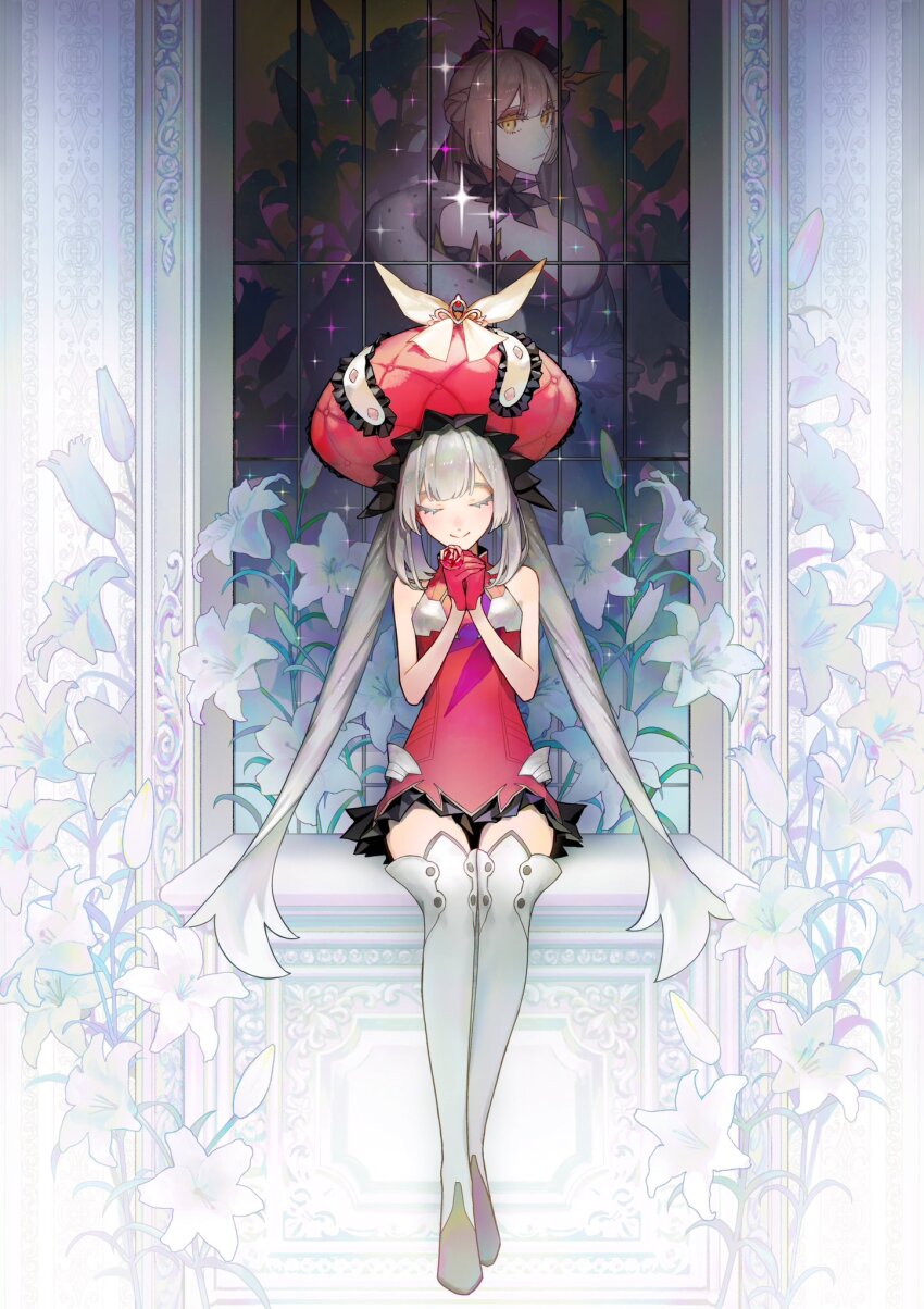 boots closed_eyes dress fate/grand_order fate_(series) flower frilled_hat frills fur_trim gk98tm gloves half_gloves hat highres large_hat lily_(flower) long_hair marie_antoinette_(alter)_(fate) marie_antoinette_(alter)_(third_ascension)_(fate) marie_antoinette_(fate) marie_antoinette_alter_(fate) marie_antoinette_alter_(third_ascension)_(fate) red_dress red_gloves side_ponytail sitting smile thigh_boots twintails very_long_hair white_footwear white_hair white_lily yellow_eyes