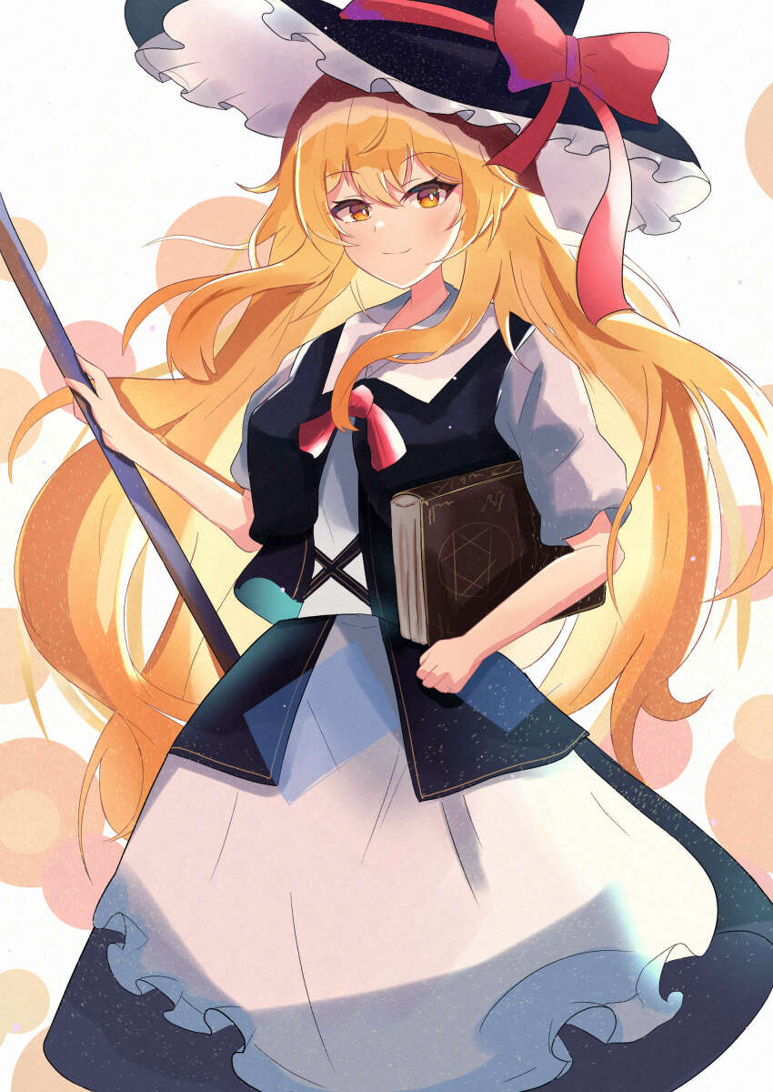 1girl absurdres black_hat black_skirt black_vest blonde_hair book bow broom chirihouki closed_mouth hat hat_bow highres kirisame_marisa long_hair looking_at_viewer red_bow short_sleeves simple_background skirt smile solo touhou vest white_background witch_hat yellow_eyes