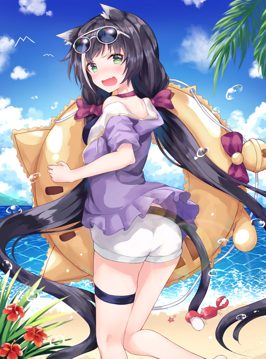 1girl alternate_costume angry animal_ear_fluff animal_ears bare_shoulders beach bikini black_bikini black_hair blush bow breasts cat_ears cat_girl cat_tail commentary crab day fang feet_out_of_frame from_behind green_eyes highres holding holding_swim_ring innertube innertube_with_ears jacket karyl_(princess_connect!) karyl_(summer)_(princess_connect!) long_hair looking_at_viewer low_twintails medium_breasts multicolored_hair open_mouth outdoors princess_connect! purple_jacket ramyun_sari red_bow short_shorts shorts skin_fang solo standing streaked_hair swim_ring swimsuit tail twintails very_long_hair white_hair white_shorts