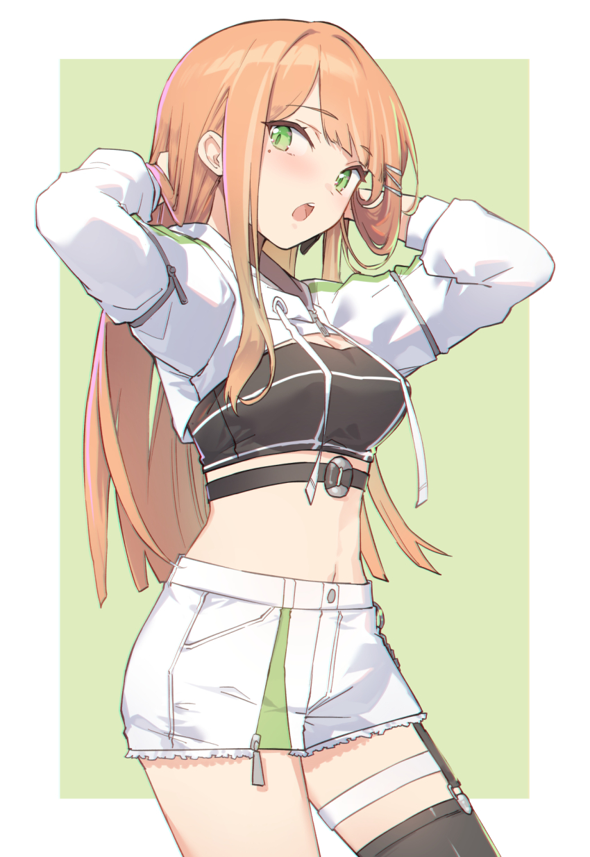 1girl asymmetrical_legwear black_shirt black_thighhighs blush breasts character_request commentary_request copyright_request cowboy_shot crop_top cropped_jacket garter_straps green_eyes highres jacket long_hair looking_to_the_side midriff miya_kazutomo mole mole_under_eye multicolored_hair navel open_mouth orange_hair pink_hair shirt short_shorts shorts simple_background small_breasts solo straight_hair teeth thigh_strap thighhighs upper_teeth_only white_jacket white_shorts